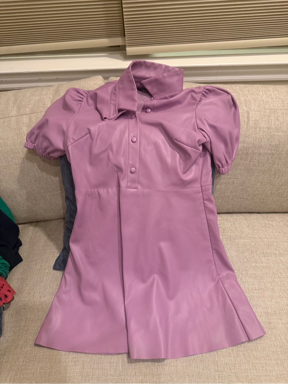 Zara Mauve Puff-Sleeve Faux Leather Mini Dress